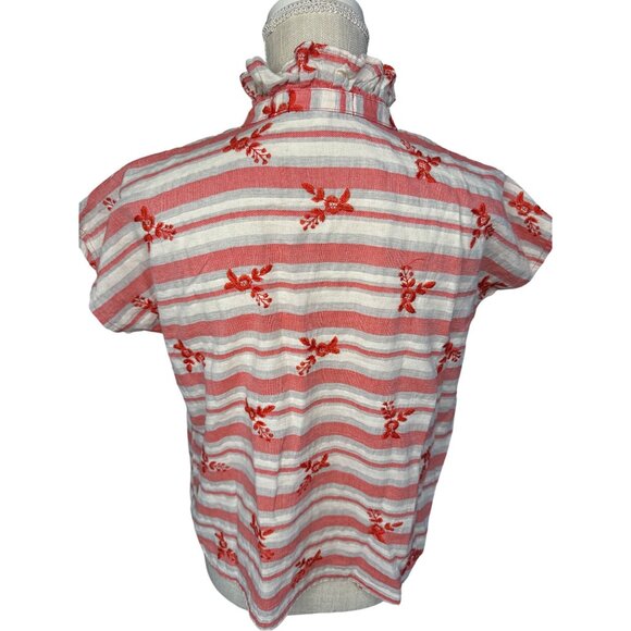 Never A Wallflower S Red & White Striped Embroidered Floral Cotton Top Ruffled C - Picture 4 of 8